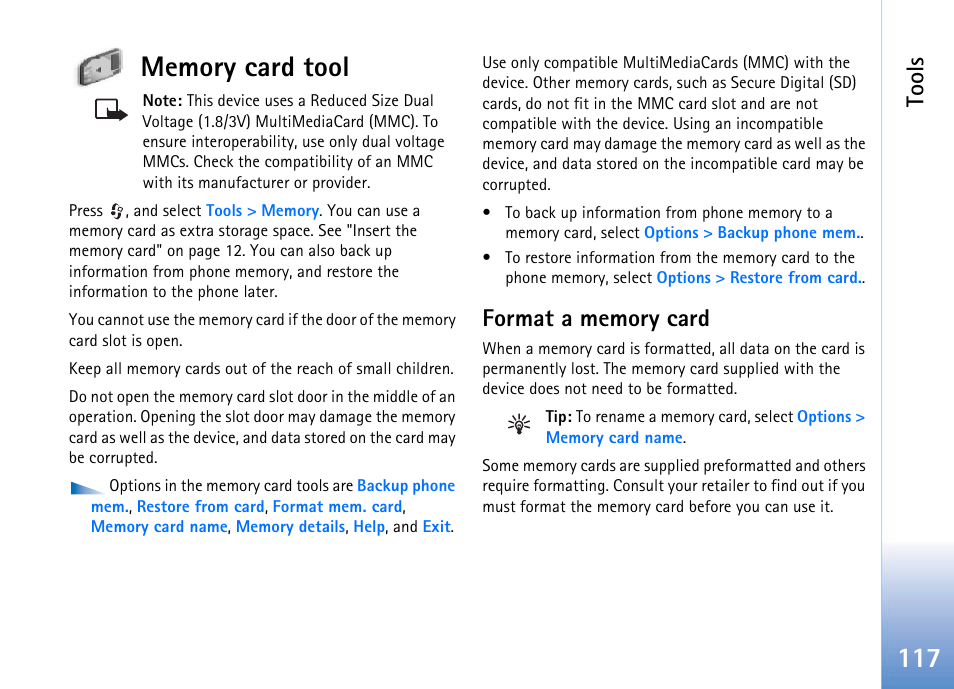 Memory card tool, Format a memory card, Tools | Nokia 702 User Manual | Page 117 / 154
