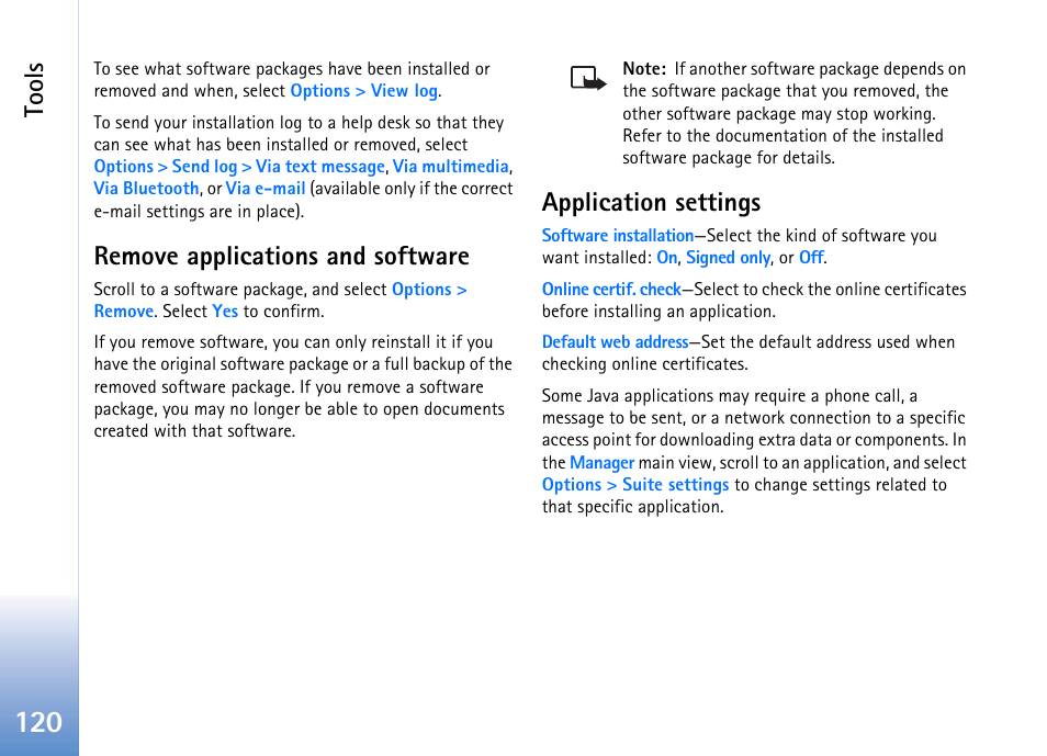 Remove applications and software, Application settings, Tools | Nokia 702 User Manual | Page 120 / 154