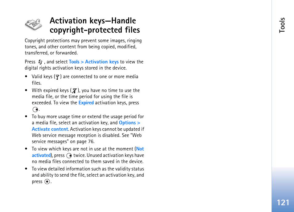 Activation keys—handle copyright-protected files, Tools | Nokia 702 User Manual | Page 121 / 154