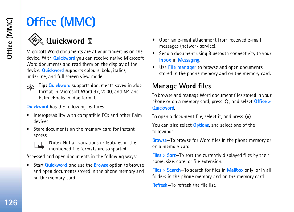 Office (mmc), Quickword, Manage word files | Nokia 702 User Manual | Page 126 / 154