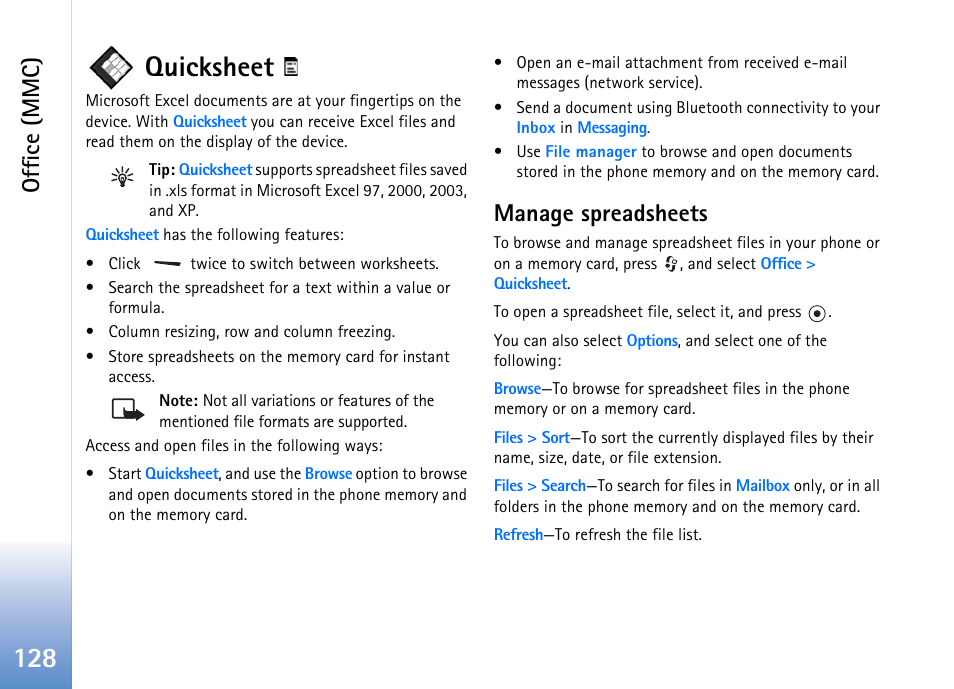 Quicksheet, Manage spreadsheets, 128 quicksheet | Office (mmc) | Nokia 702 User Manual | Page 128 / 154