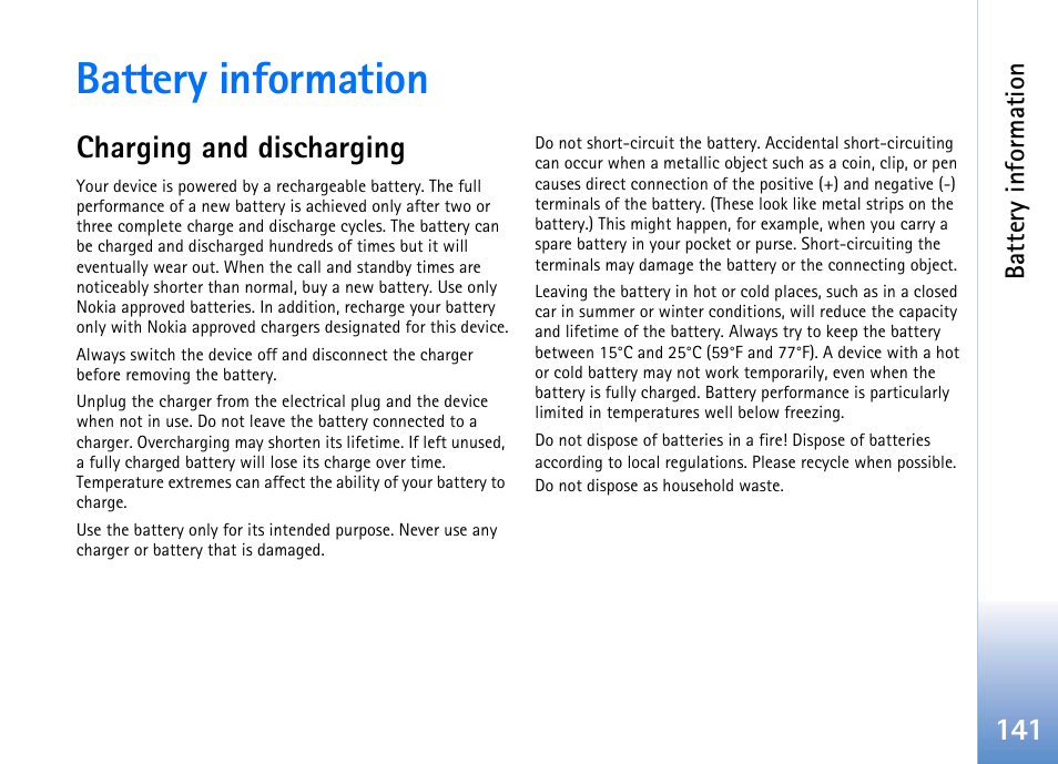 Battery information, Charging and discharging | Nokia 702 User Manual | Page 141 / 154