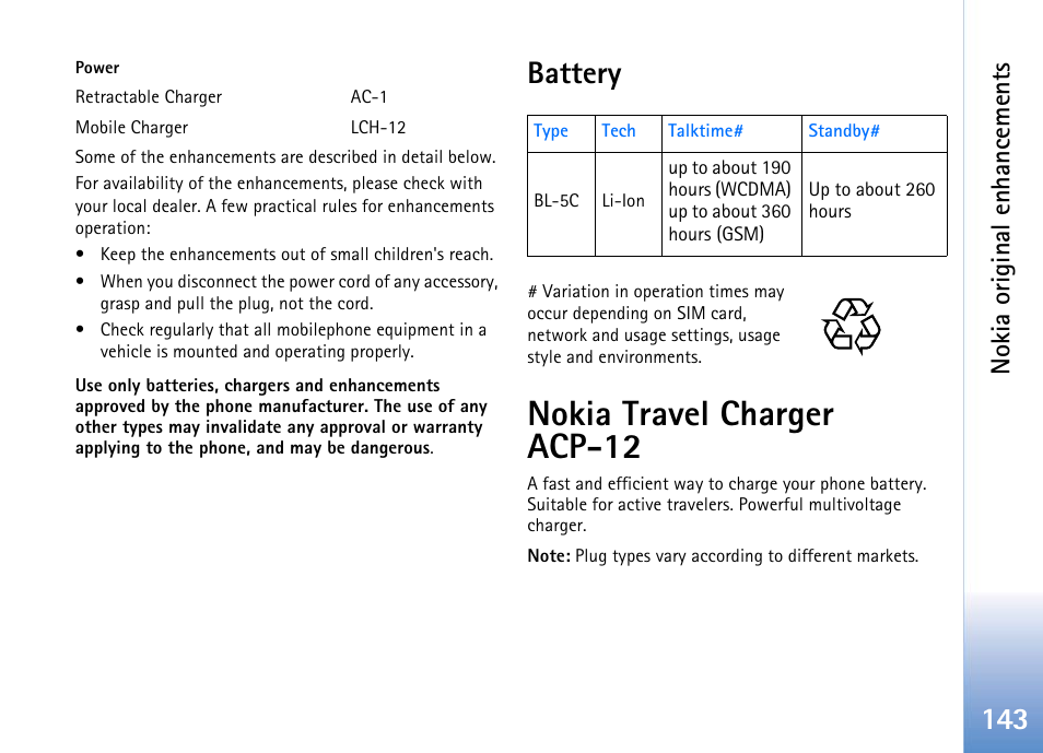 Battery, Nokia travel charger acp-12, Battery nokia travel charger acp-12 | No kia o riginal enhancements | Nokia 702 User Manual | Page 143 / 154