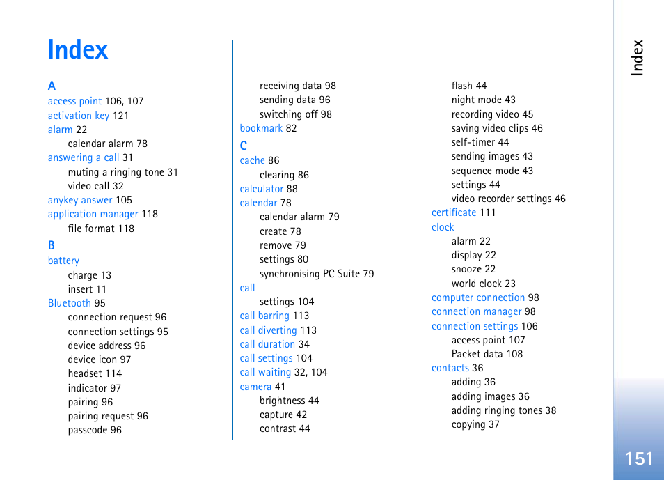 Index, Ind ex | Nokia 702 User Manual | Page 151 / 154