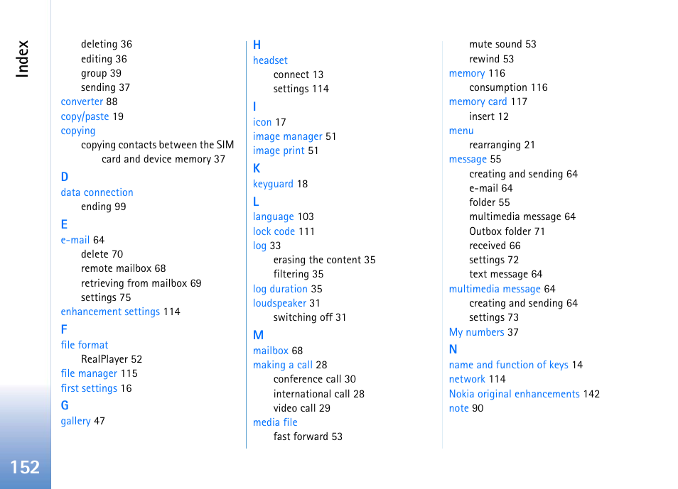 Ind ex | Nokia 702 User Manual | Page 152 / 154