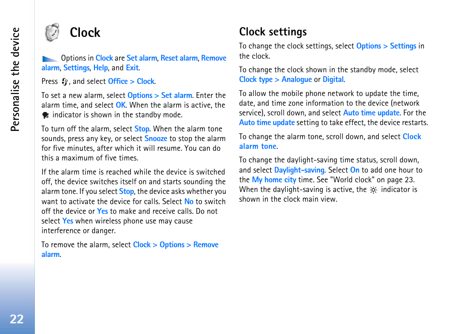 Clock, Clock settings, See "clock | Ge 22, 22 clock, Personalise the device | Nokia 702 User Manual | Page 22 / 154