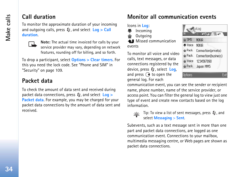 Call duration, Packet data, Monitor all communication events | Call duration packet data, Make calls | Nokia 702 User Manual | Page 34 / 154