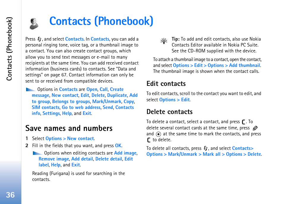 Contacts (phonebook), Save names and numbers, Edit contacts | Delete contacts, Edit contacts delete contacts | Nokia 702 User Manual | Page 36 / 154