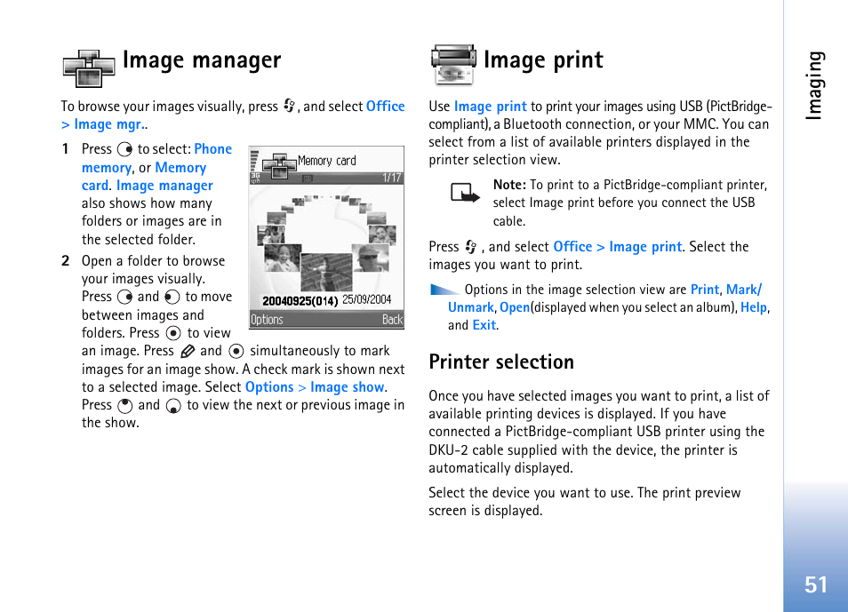 Image manager, Image print, Printer selection | Image manager image print, 51 image manager, Imaging | Nokia 702 User Manual | Page 51 / 154
