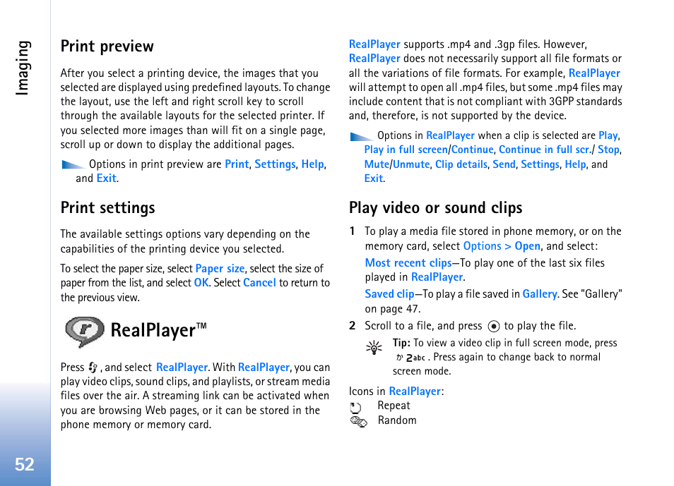 Print preview, Print settings, Realplayer | Play video or sound clips, Print preview print settings, Imaging | Nokia 702 User Manual | Page 52 / 154