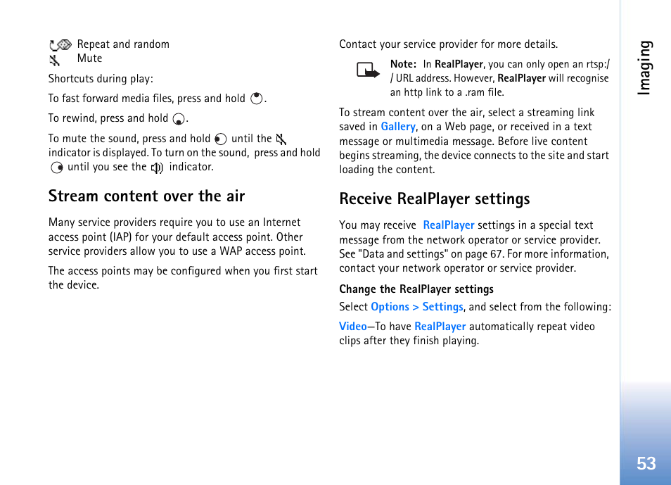 Stream content over the air, Receive realplayer settings, Imaging | Nokia 702 User Manual | Page 53 / 154