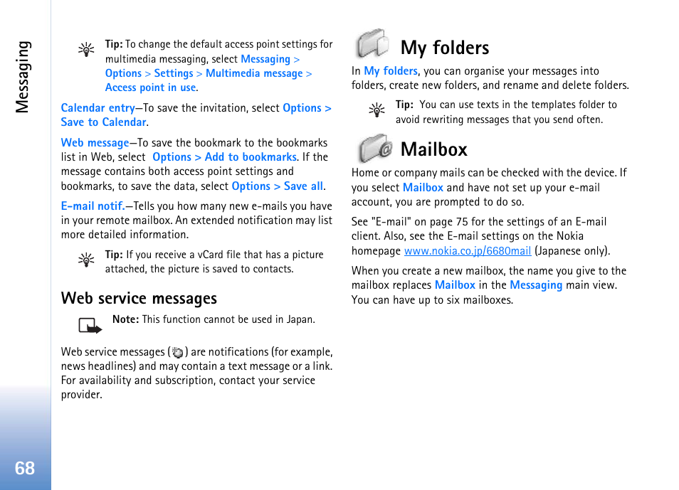 Web service messages, My folders, Mailbox | My folders mailbox, Messaging | Nokia 702 User Manual | Page 68 / 154