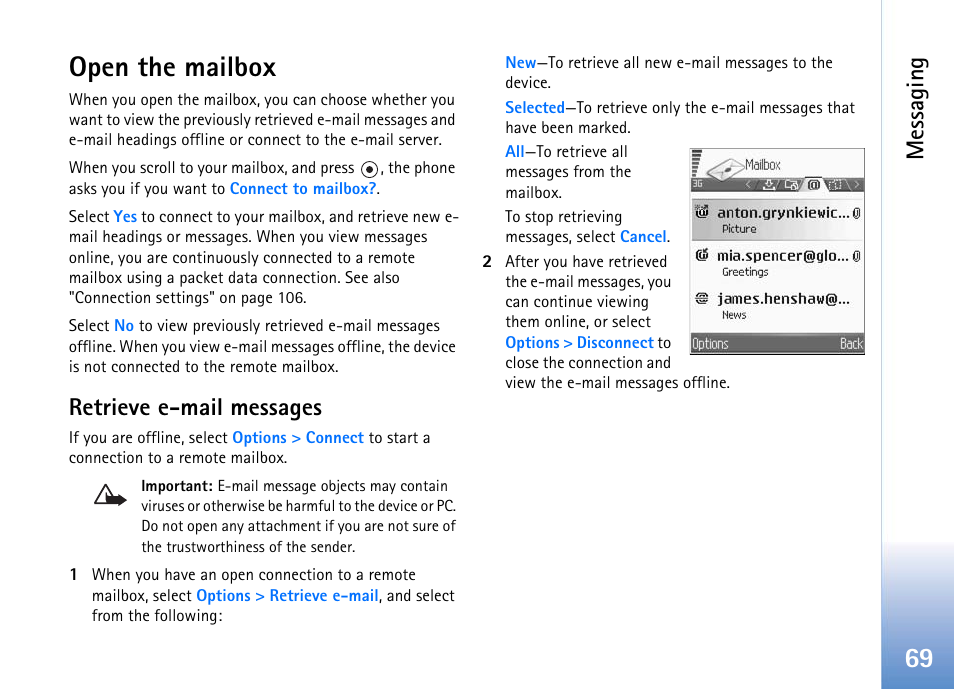 Open the mailbox, Retrieve e-mail messages, Open the mailbox retrieve e-mail messages | 69 open the mailbox, Messaging | Nokia 702 User Manual | Page 69 / 154