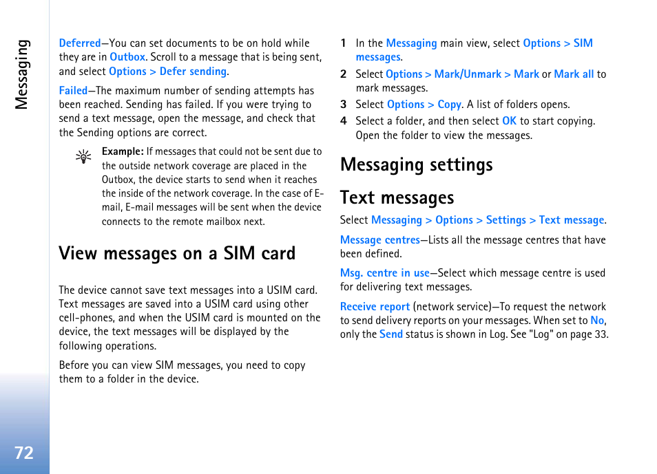 View messages on a sim card, Messaging settings, Text messages | View messages on a sim card messaging settings, Messaging settings text messages, Messaging | Nokia 702 User Manual | Page 72 / 154