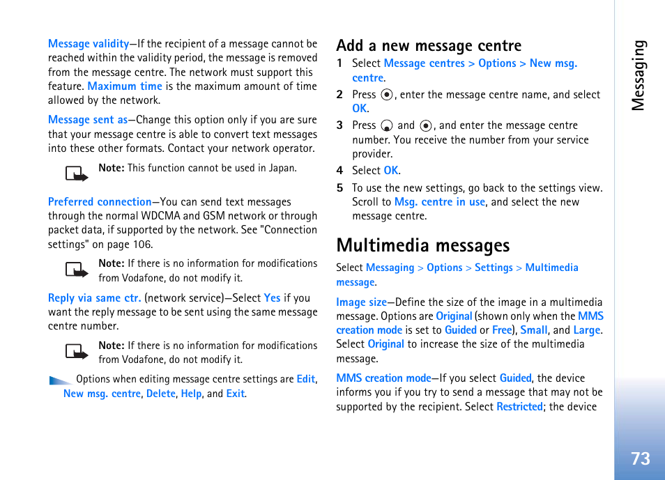 Multimedia messages, Also "multimedia messages, Ge 73 | Messaging, Add a new message centre | Nokia 702 User Manual | Page 73 / 154