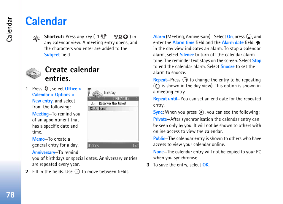 Calendar, Create calendar entries, Create calendar | Entries | Nokia 702 User Manual | Page 78 / 154