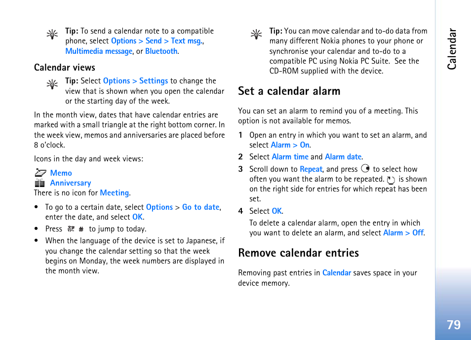 Calendar views, Set a calendar alarm, Remove calendar entries | Set a calendar alarm remove calendar entries, Calendar | Nokia 702 User Manual | Page 79 / 154