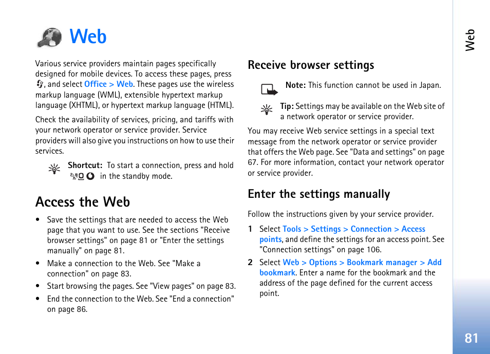 Access the web, Receive browser settings, Enter the settings manually | Nokia 702 User Manual | Page 81 / 154