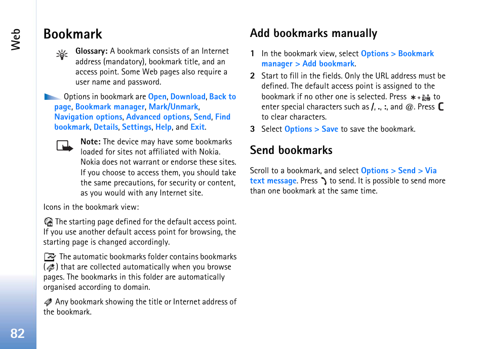 Bookmark, Add bookmarks manually, Send bookmarks | Add bookmarks manually send bookmarks, 82 bookmark | Nokia 702 User Manual | Page 82 / 154