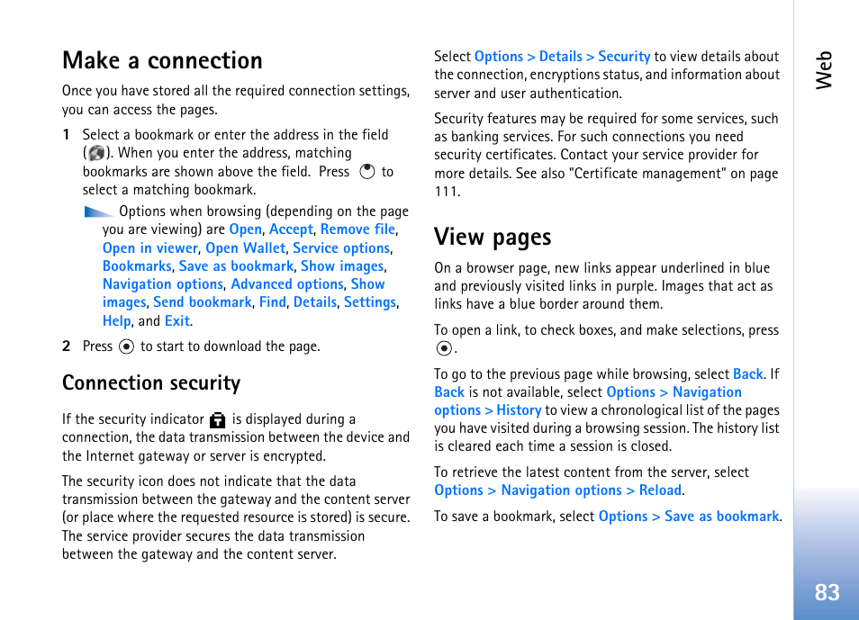 Make a connection, Connection security, Make a | 83 make a connection, View pages | Nokia 702 User Manual | Page 83 / 154