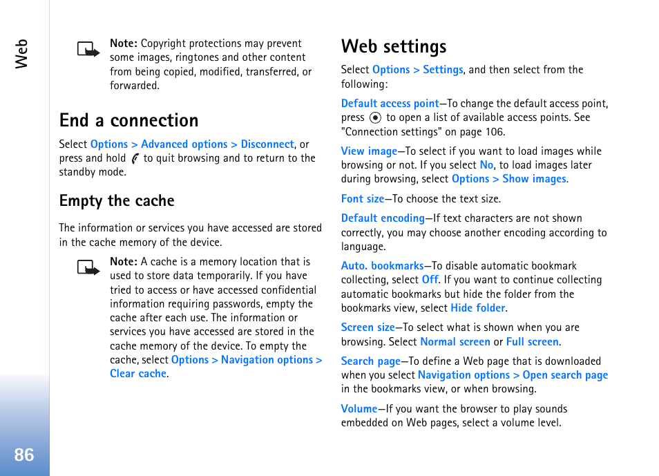 End a connection, Empty the cache, Web settings | Nokia 702 User Manual | Page 86 / 154