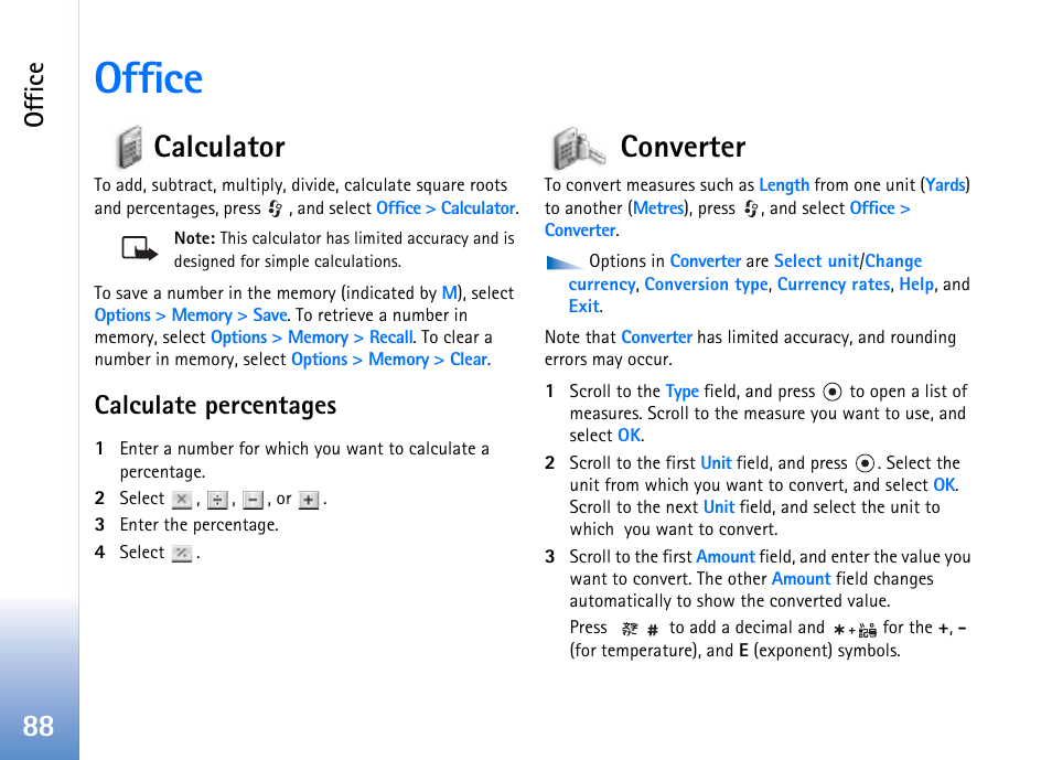 Office, Calculator, Calculate percentages | Converter | Nokia 702 User Manual | Page 88 / 154