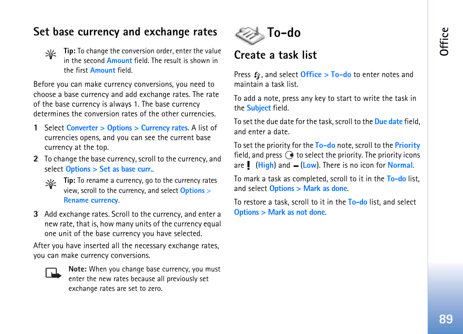 Set base currency and exchange rates, To-do, Create a task list | Office | Nokia 702 User Manual | Page 89 / 154