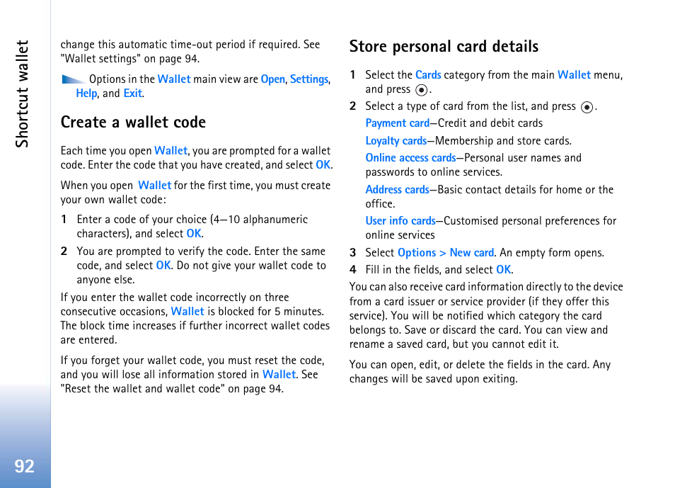 Create a wallet code, Store personal card details, Create a wallet code store personal card details | Shortcut wallet | Nokia 702 User Manual | Page 92 / 154
