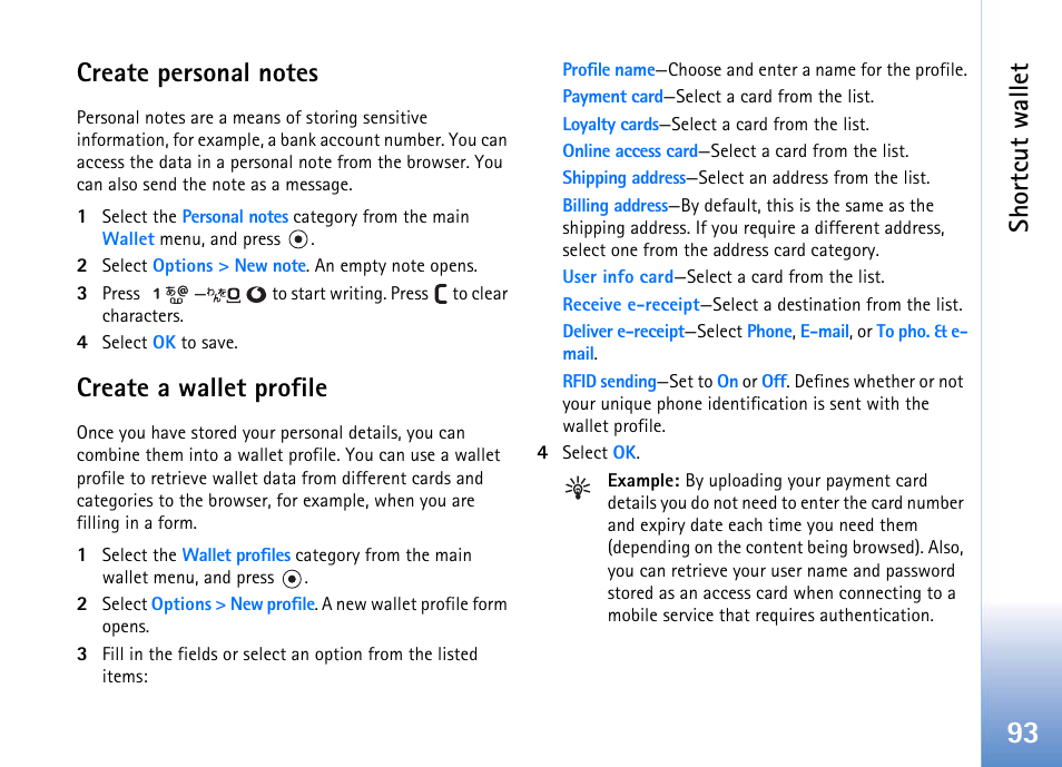 Create personal notes, Create a wallet profile, Create personal notes create a wallet profile | Shortcut wallet | Nokia 702 User Manual | Page 93 / 154