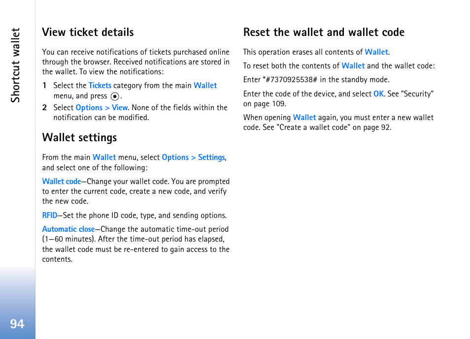 View ticket details, Wallet settings, Reset the wallet and wallet code | Reset the wallet and wallet code" on pag, Shortcut wallet | Nokia 702 User Manual | Page 94 / 154
