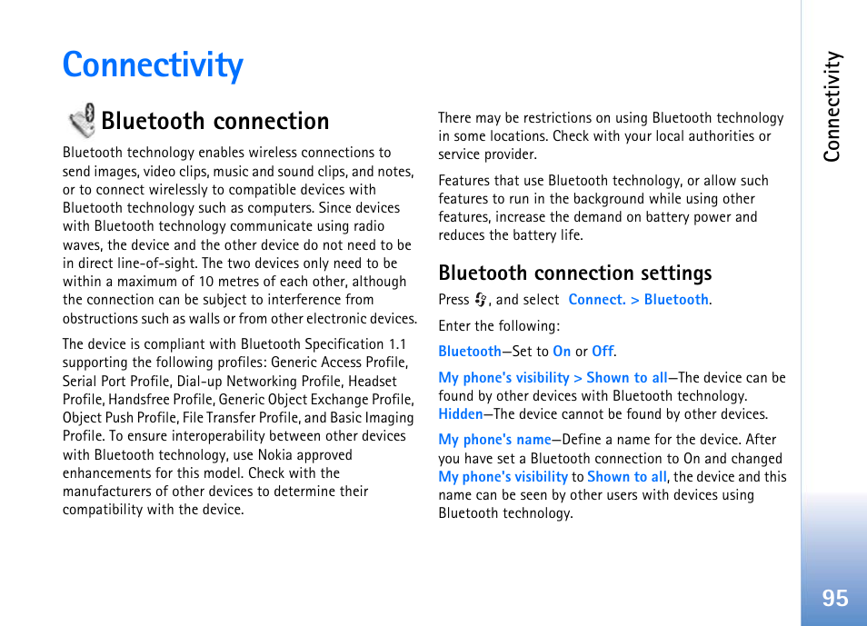 Connectivity, Bluetooth connection, Bluetooth connection settings | Profile. see "bluetooth connection, Bluetooth connection" on pa | Nokia 702 User Manual | Page 95 / 154
