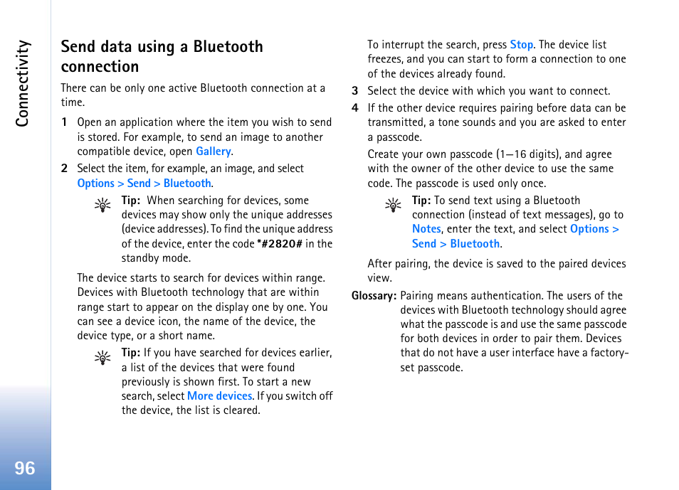 Send data using a bluetooth connection, Connectivity | Nokia 702 User Manual | Page 96 / 154