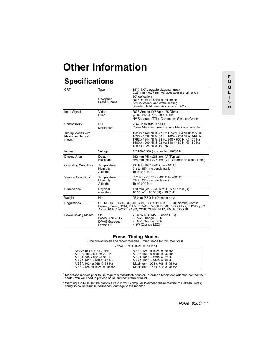 Other information, Specifications, Preset timing modes | Nokia 930C User Manual | Page 12 / 18