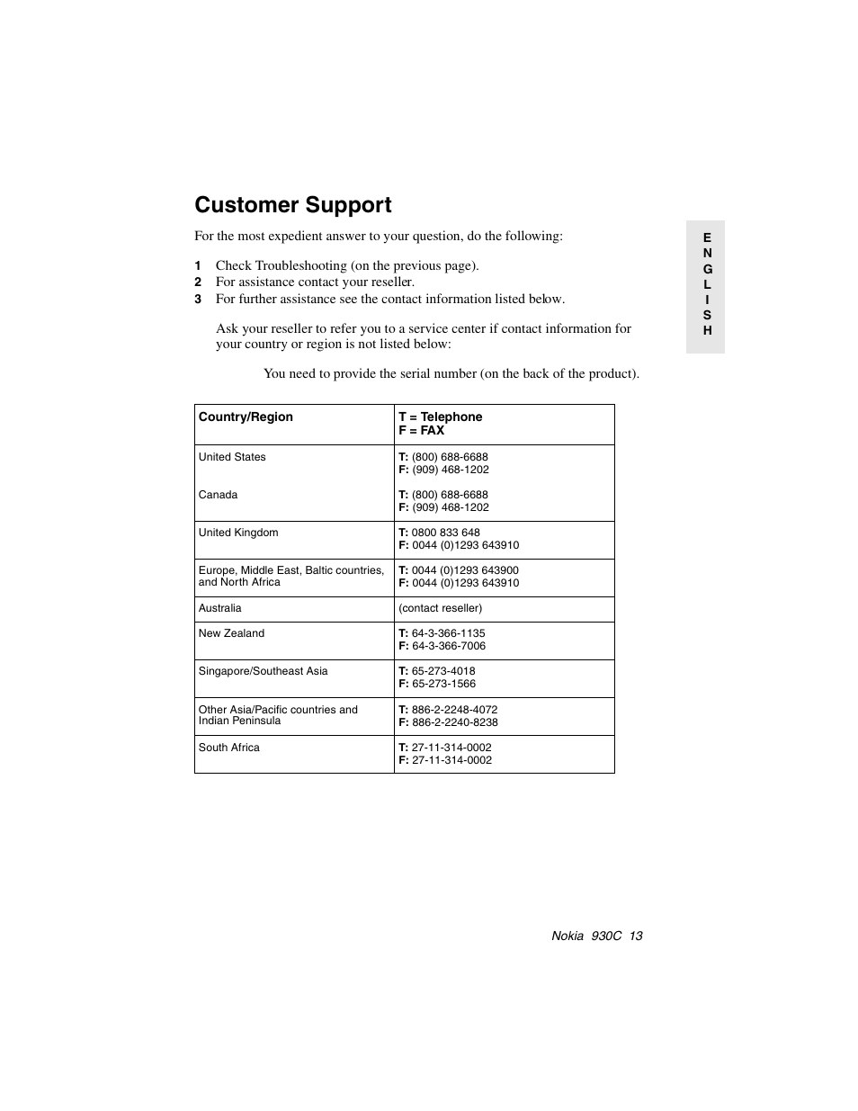 Customer support, 2 for assistance contact your reseller | Nokia 930C User Manual | Page 14 / 18