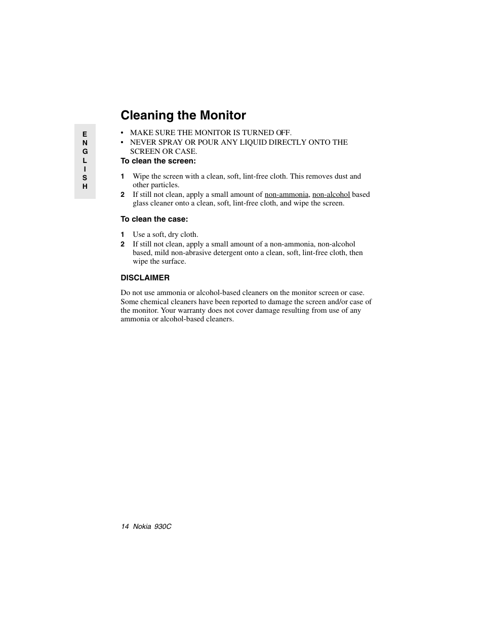 Cleaning the monitor, 1 use a soft, dry cloth | Nokia 930C User Manual | Page 15 / 18