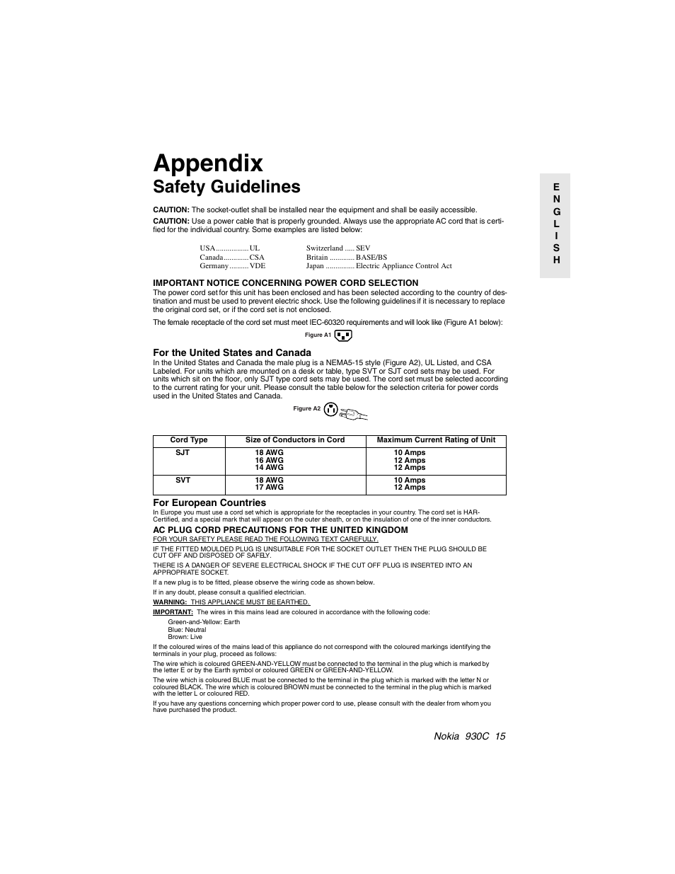Appendix, Safety guidelines, Cord type | Size of conductors in cord, Maximum current rating of unit | Nokia 930C User Manual | Page 16 / 18