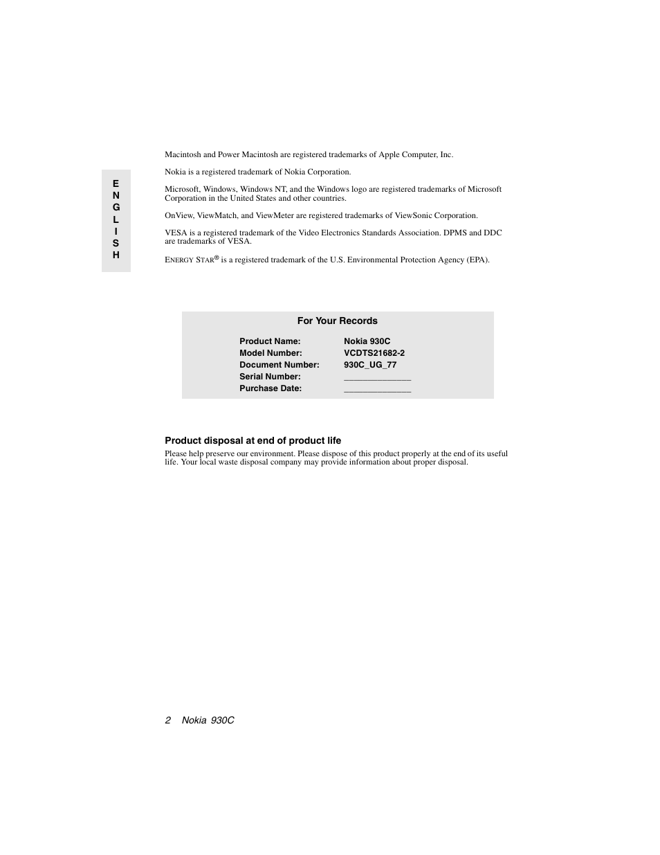 For your records, Product disposal at end of product life | Nokia 930C User Manual | Page 3 / 18