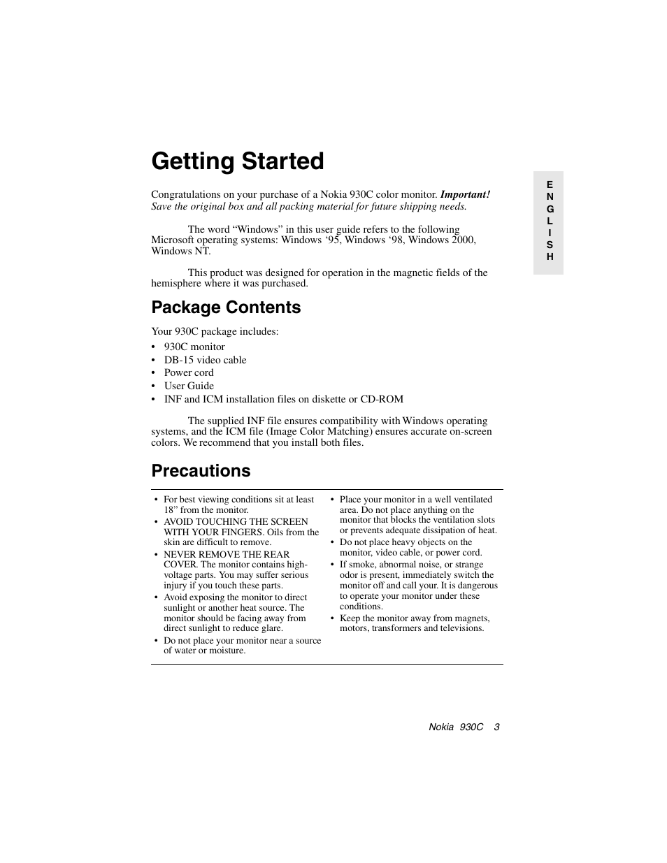 Getting started, Package contents, Precautions | Package contents precautions | Nokia 930C User Manual | Page 4 / 18