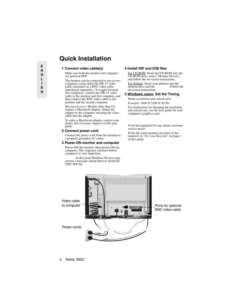 Quick installation, 1 connect video cable(s), 2 connect power cord | 3 power-on monitor and computer, 4 install inf and icm files, 5 windows users: set the timing | Nokia 930C User Manual | Page 5 / 18