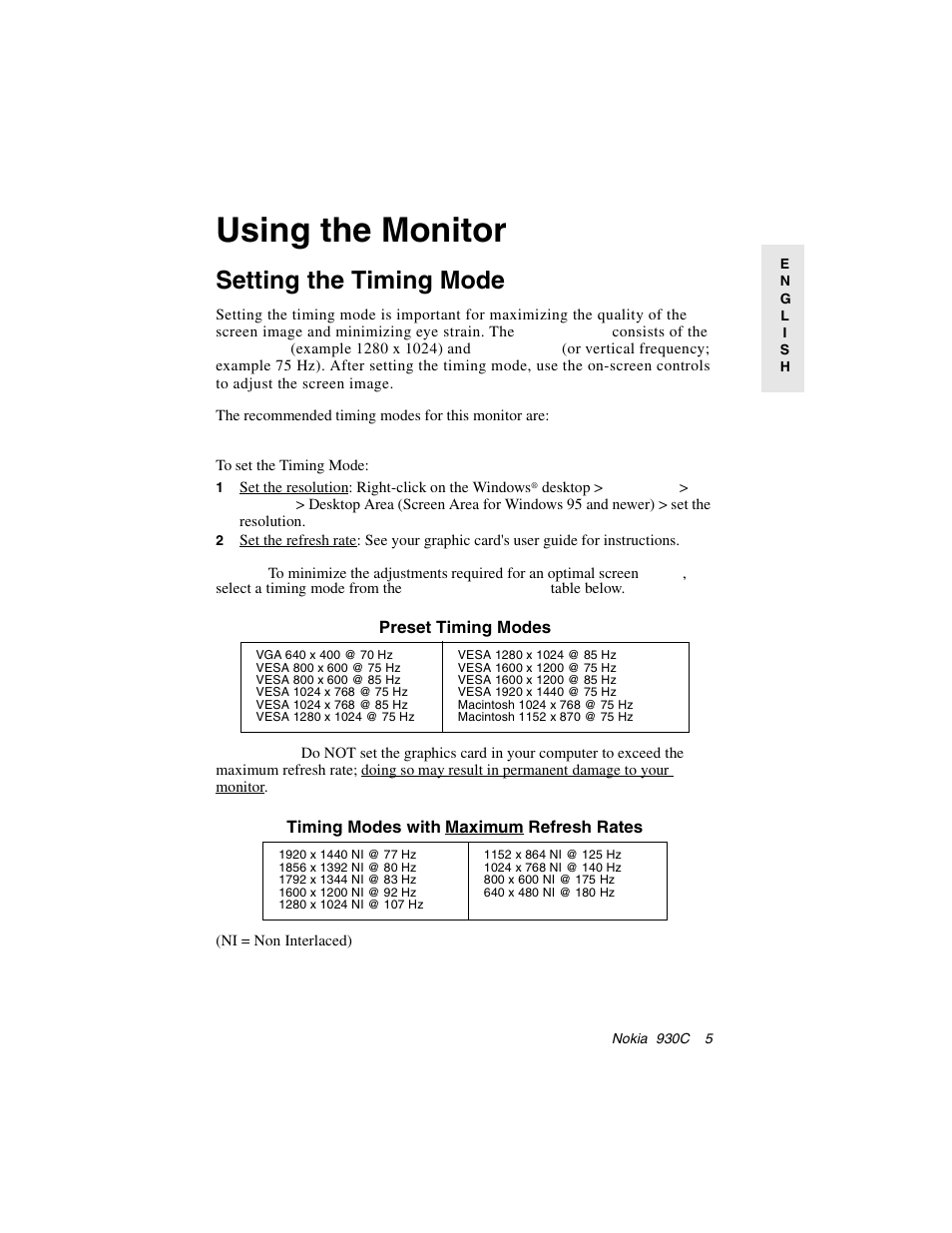 Using the monitor, Setting the timing mode, Preset timing modes | Timing modes with maximum refresh rates | Nokia 930C User Manual | Page 6 / 18