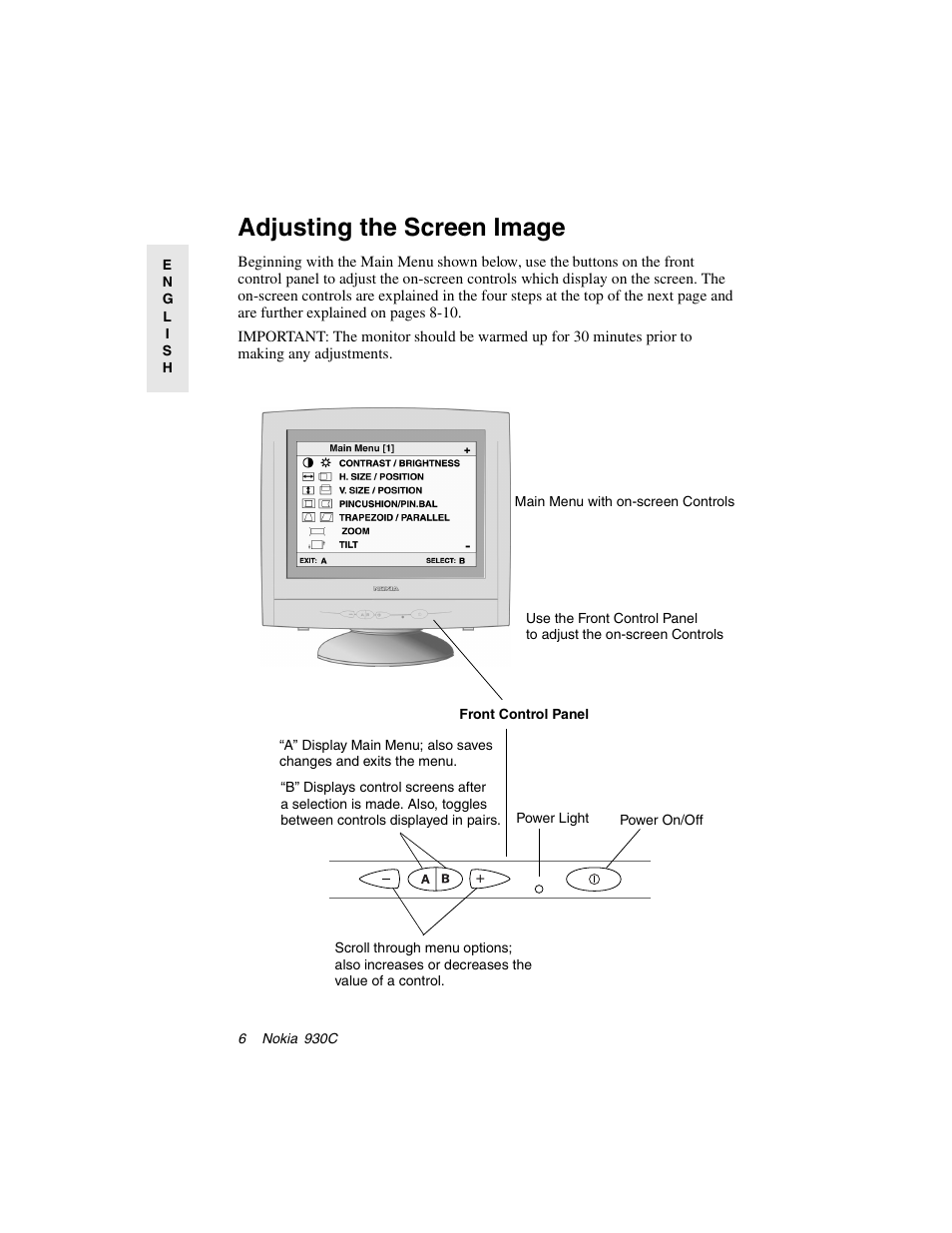 Adjusting the screen image | Nokia 930C User Manual | Page 7 / 18