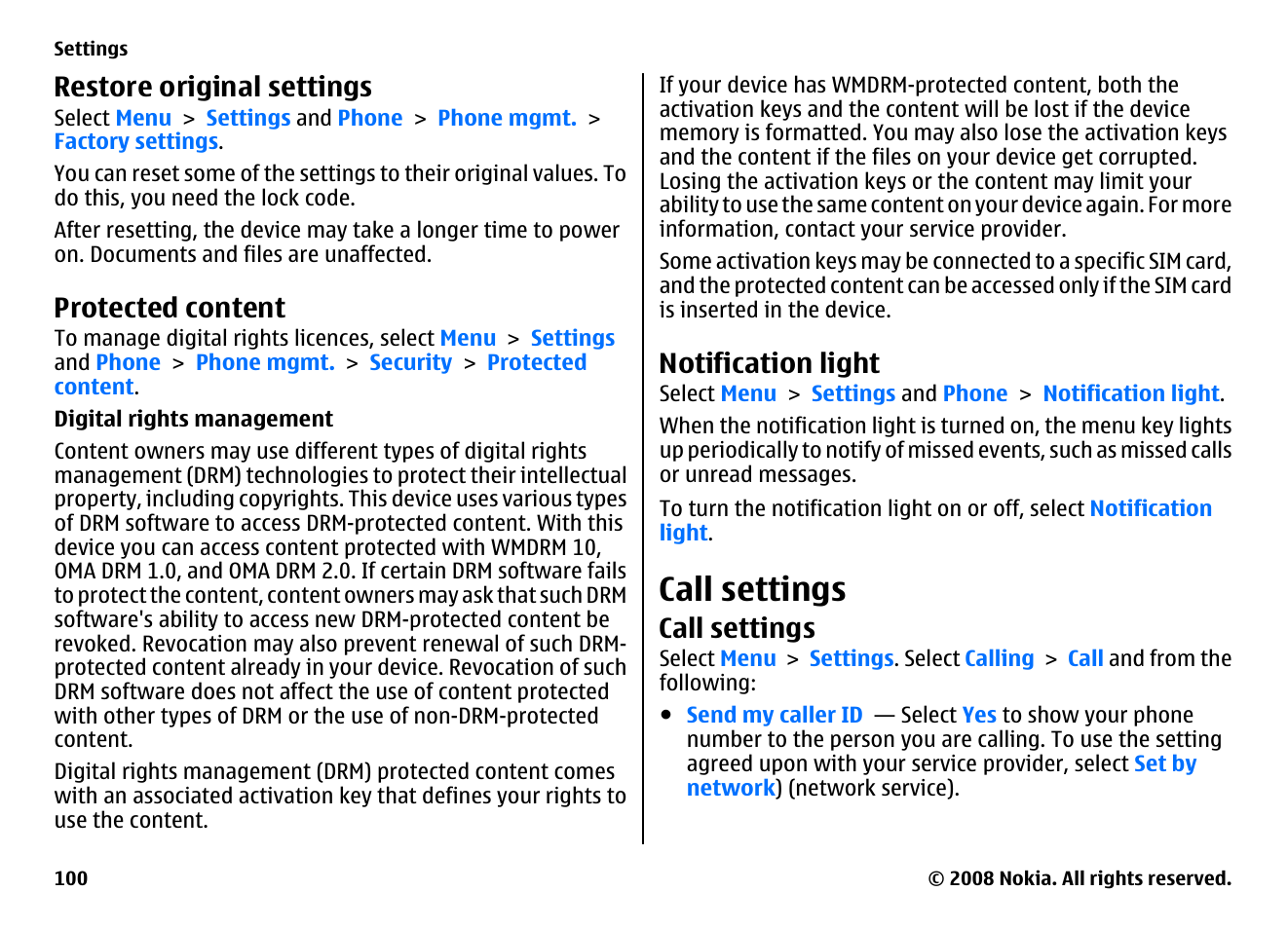Restore original settings, Protected content, Notification light | Call settings | Nokia 5800EN User Manual | Page 100 / 116