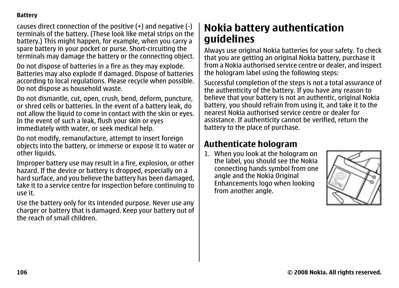 Nokia battery authentication guidelines, Authenticate hologram | Nokia 5800EN User Manual | Page 106 / 116