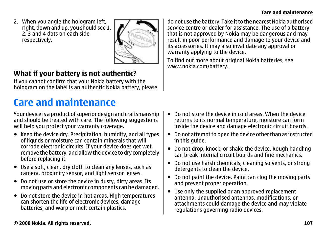 What if your battery is not authentic, Care and maintenance | Nokia 5800EN User Manual | Page 107 / 116