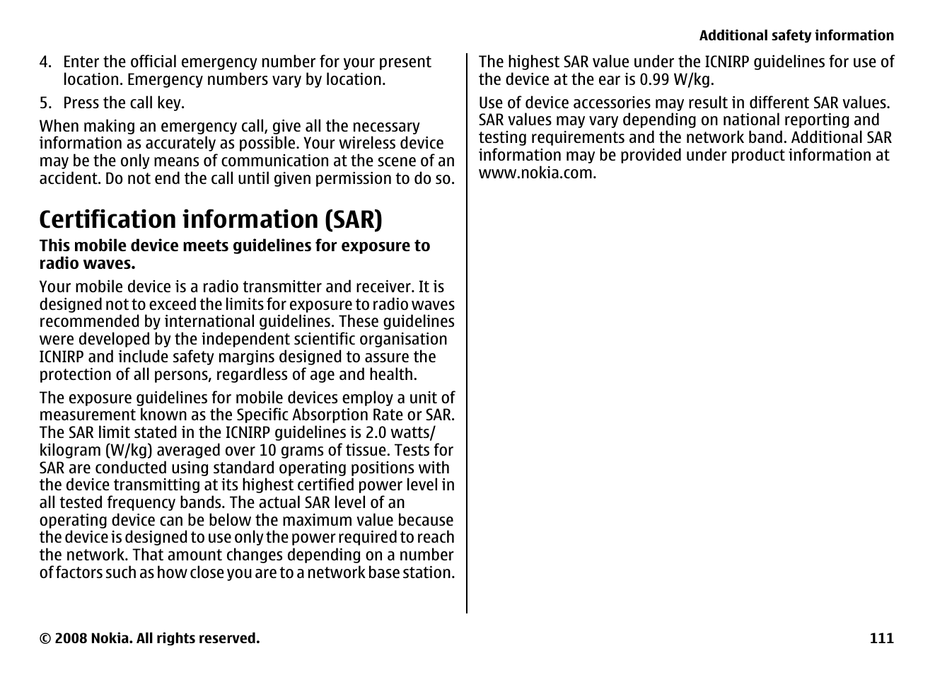 Certification information (sar) | Nokia 5800EN User Manual | Page 111 / 116