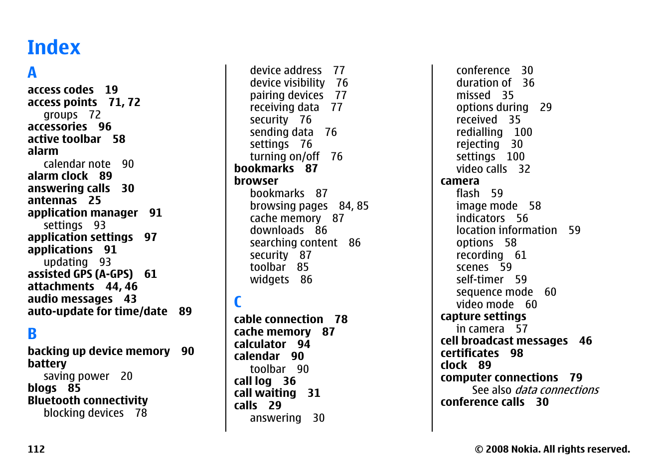 Index | Nokia 5800EN User Manual | Page 112 / 116
