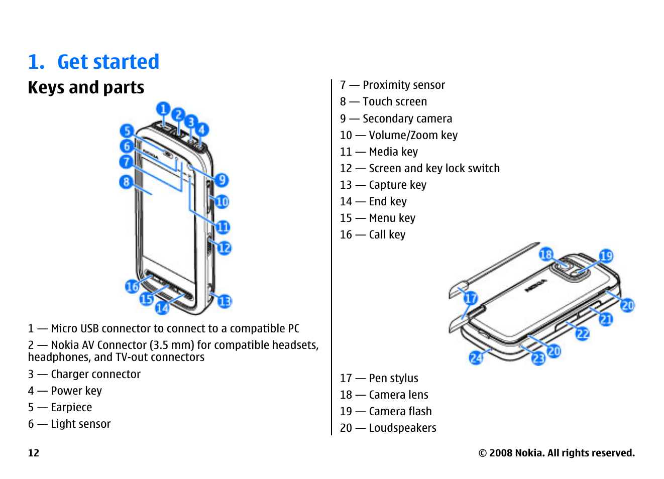 Get started, Keys and parts | Nokia 5800EN User Manual | Page 12 / 116