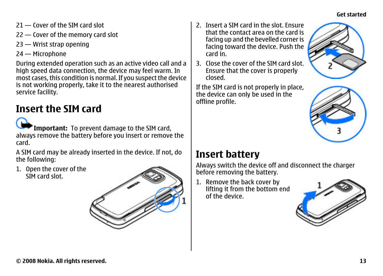 Insert the sim card, Insert battery | Nokia 5800EN User Manual | Page 13 / 116