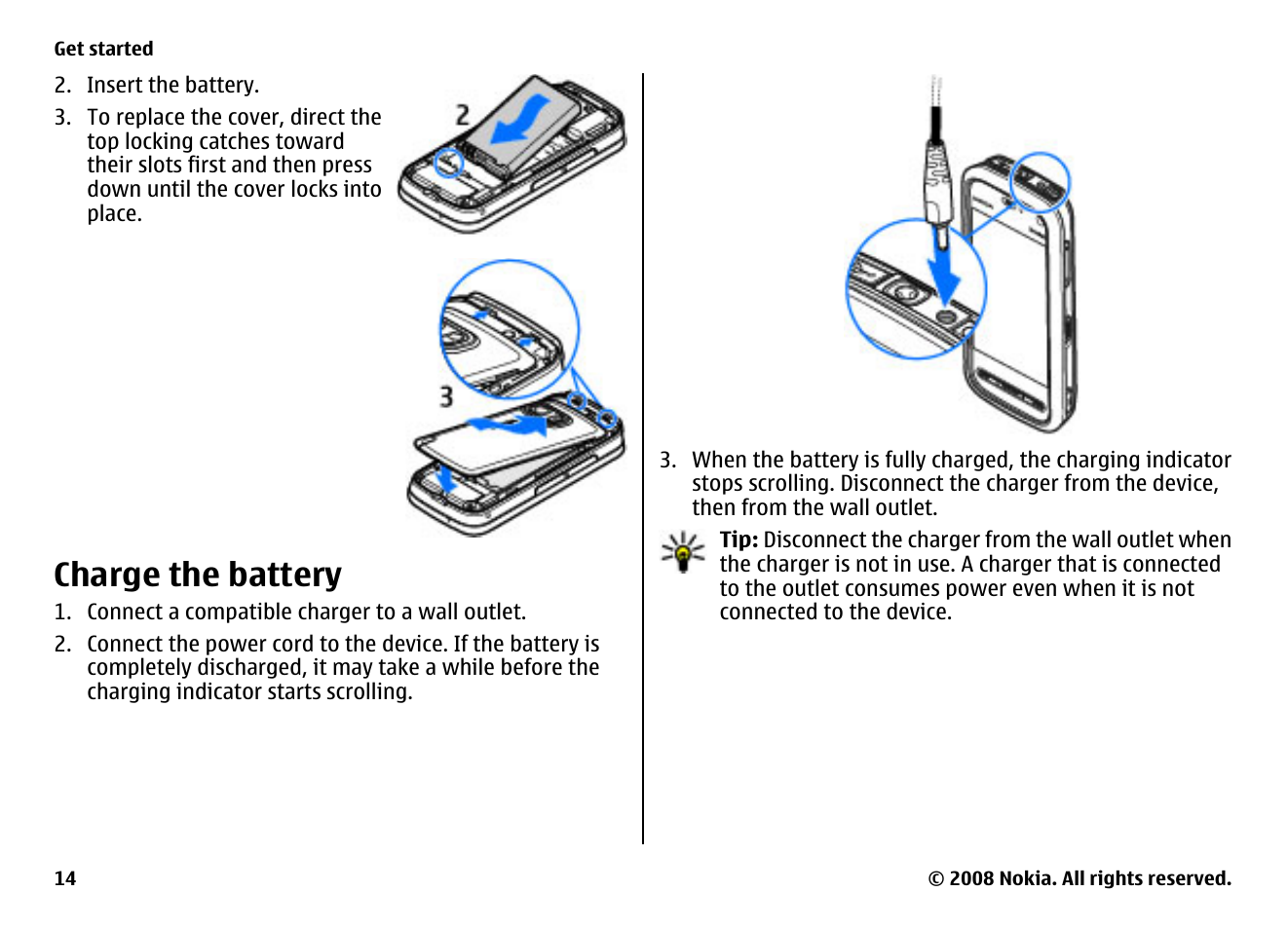Charge the battery | Nokia 5800EN User Manual | Page 14 / 116