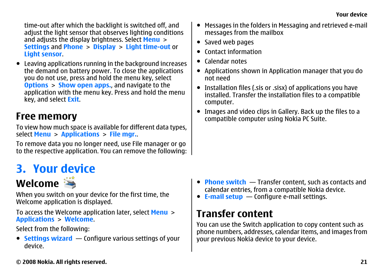 Free memory, Your device, Welcome | Transfer content | Nokia 5800EN User Manual | Page 21 / 116